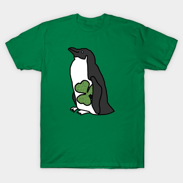 Penguin Holding Shamrock on St Patricks Day T-Shirt by ellenhenryart